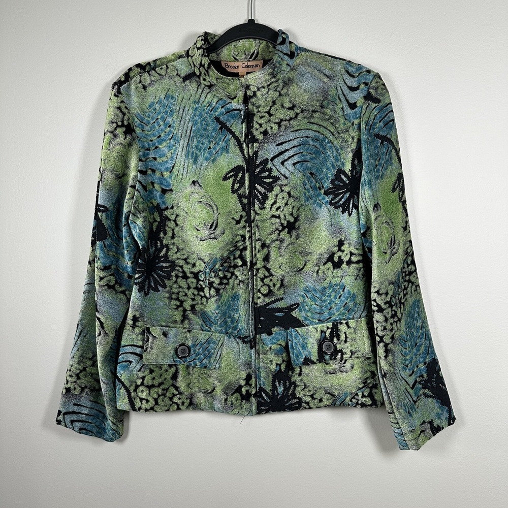 Brooke Coleman 10 Jacket Green Blue Long Sleeve Abstract Botanical Zip Mock Neck